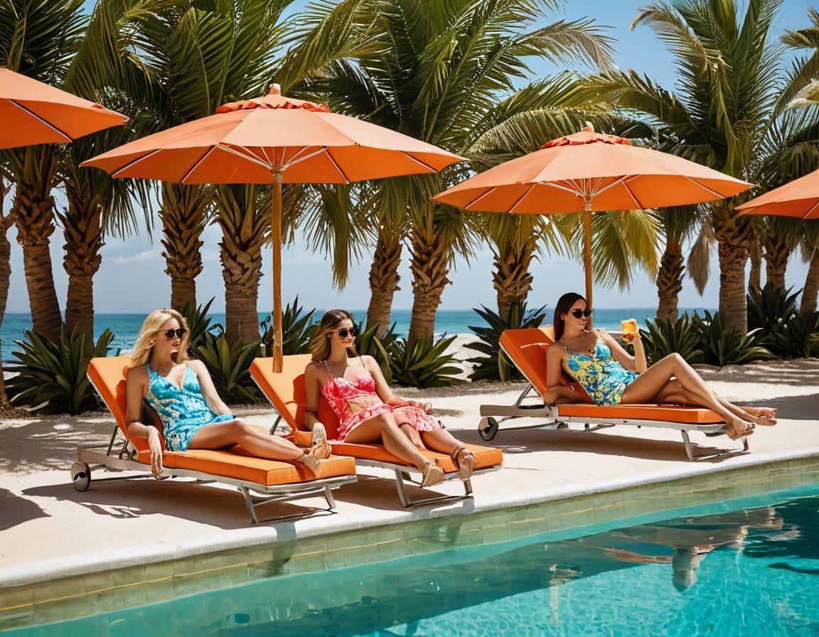 A stylish poolside scene featuring a diverse group of friends in vibrant summer outfits, lounging on colorful sunbeds with refreshing drinks. Sunlight glimmers on the water, palm trees sway in the breeze, and a fashionable beach umbrella shields them from the sun. The setting captures a playful yet chic summer vibe, perfect for sunbathing and relaxation. super-realistic. vibrant colors. serene atmosphere.