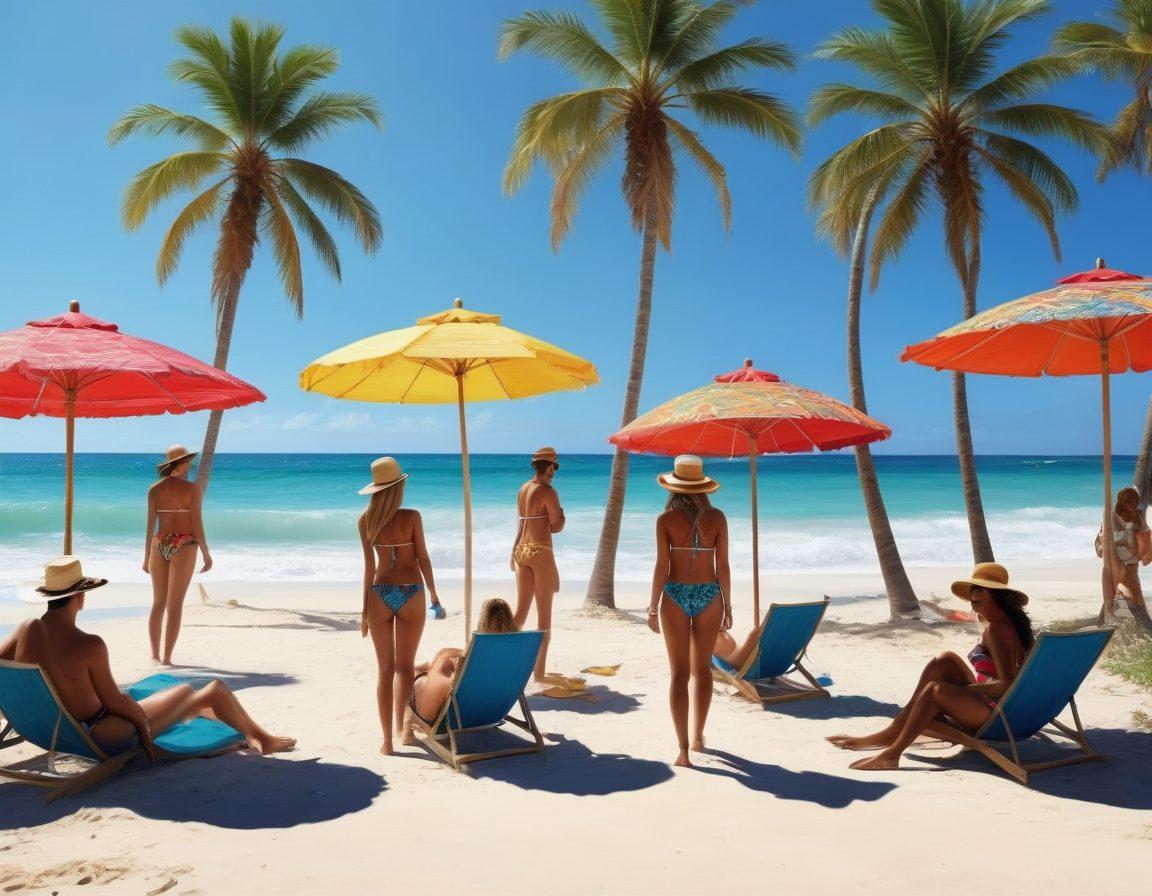 A vibrant beach scene showcasing a diverse group of stylish individuals wearing trendy swimwear, featuring bright colors and unique patterns. Include accessories like oversized hats, sunglasses, and beach bags, set against a backdrop of clear blue skies and gentle waves. Add palm trees and colorful beach umbrellas to enhance the tropical vibe. super-realistic. vibrant colors. sunny atmosphere.